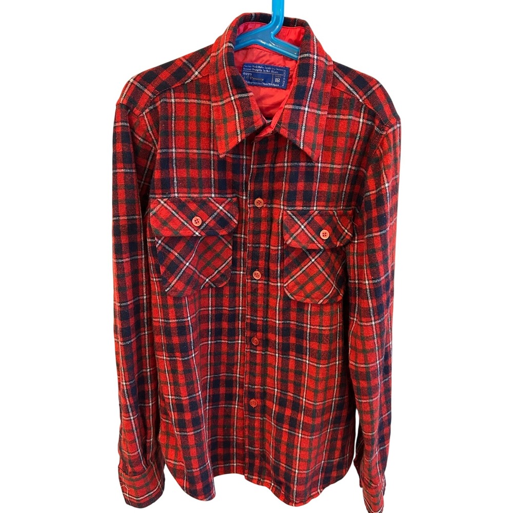 VTG Boys JC Penney sz 18‎ wool plaid Shirt winter Xmas Nostalgia chore